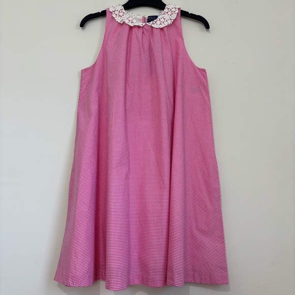 POLO Ralph Lauren Girls Pink Sleeveless Lace Collar Poplin Gingham Plaid Dress - Picture 1 of 16